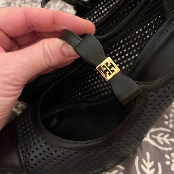 Tory Burch Black Perforated Pointed-Toe Bow Mary Jane Heels - Picture 7 of 11